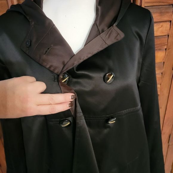 Larry Levine Sport long coat jacket black with brown lining gold buttons‎ sz med - Picture 6 of 8